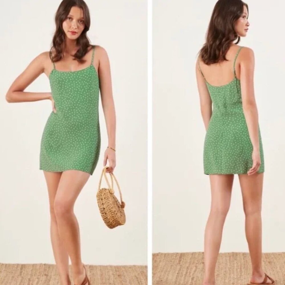 Reformation Lindsay Polka Dot Mini Slip Dress in Peppermint Green